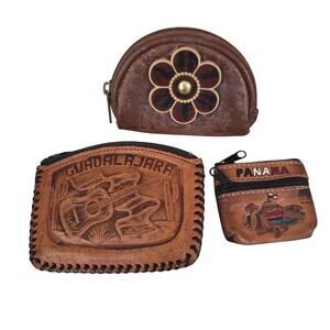 Lot 3 Handmade Leather Souvenir Coin Purse Zip Pouches Guadalajara Panama